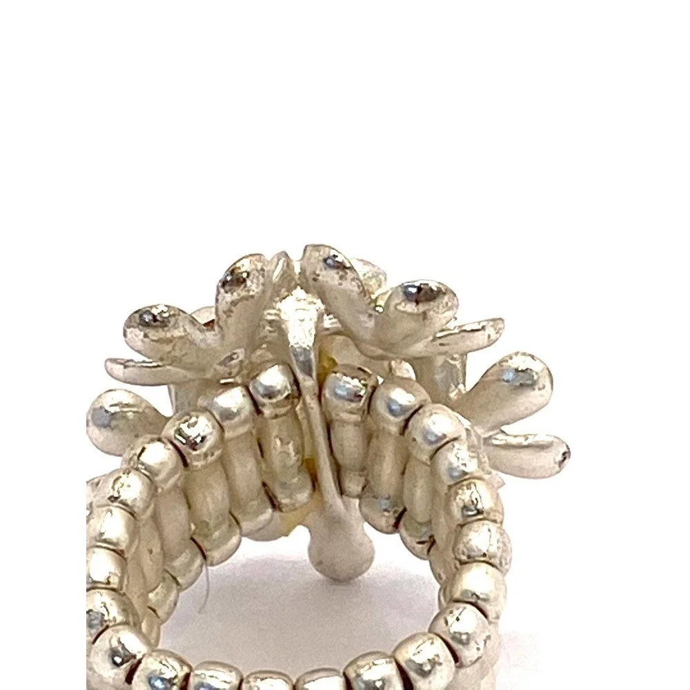 Ring Stretch Flowers Rhinestones 7 Size Silver Tone